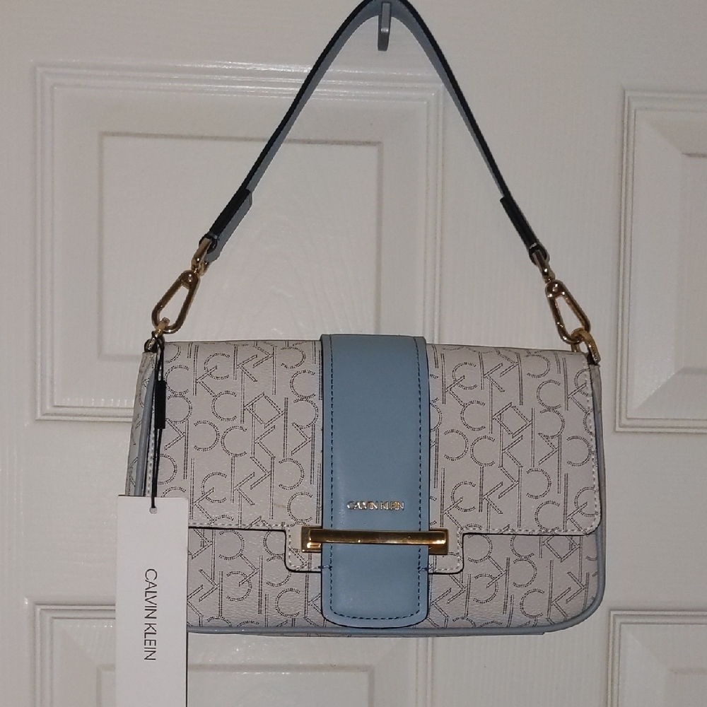 Calvin Klein Monogram Shoulder Bag in Blue and Cream